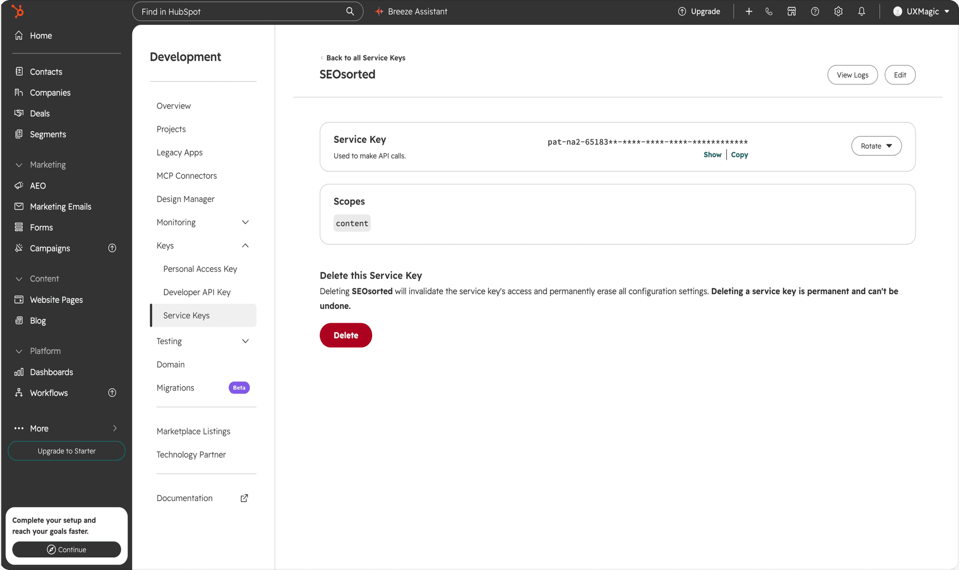 Generate Your HubSpot Service Key